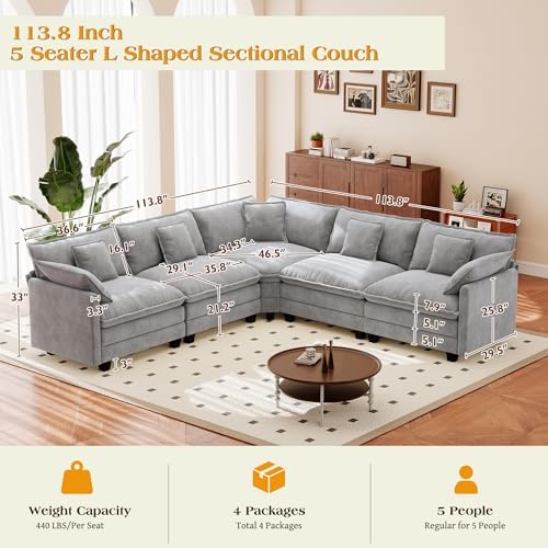 Hanherry Modular Sectional Sofa,Cloud Couch for Living Room,Modern Deep Seat Sofa Chenille Fabric Comfy Couches with Throw Pillows & Movable Ottoman for Apartment