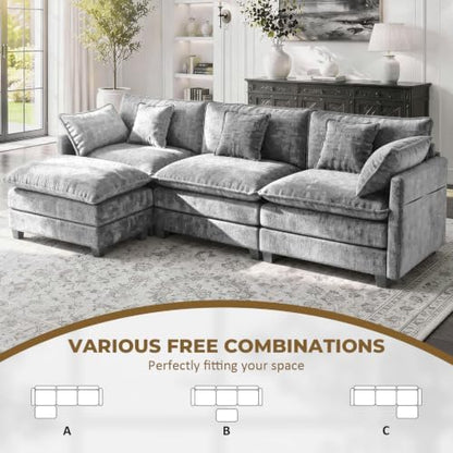 LEVELEVE 112" L-Shape Modular Sofa with 1 Ottomans, Deep Seat Cloud Convertible Sleeper, 3 Throw 2 Arm Pillows, Cozy Upholstered Furniture for Living Room Apartment, Dark Grey