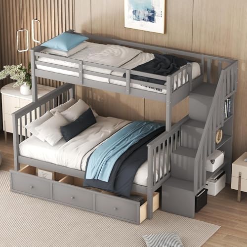 MERITLINE Twin Over Full Convertible Bunk Bed with Storage Stairs and Drawers,Solid Wood Detachable Bunk Bed with Storage Shelves for Adults,No Box Spring Needed (Grey)