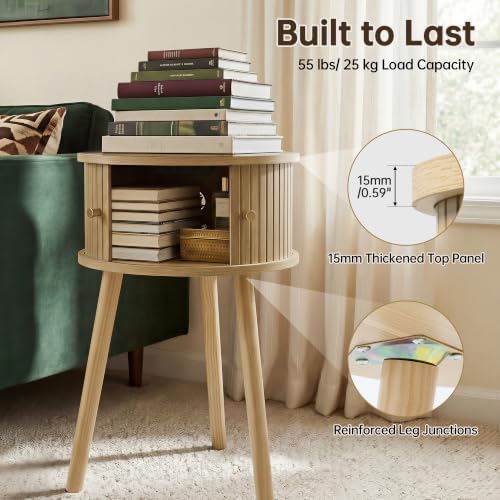 Afuly Round Side Table Small Oak Fluted End Table with Cabinet Living Room