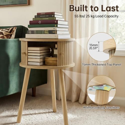 Afuly Round Side Table Small Oak Fluted End Table with Cabinet Living Room