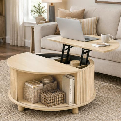 Round Lift Top Coffee Table with Storage for Living Room, Oak