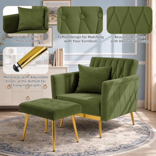 Velvet Accent Chair w/Ottoman & Adjustable Backrest, Olive Green