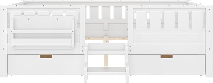 Bellemave Full Size Bed Frame with Storage Drawers & Bookshelf, Low Profile Kids Bed with Staircase & Full Length Guardrails, Solid Wood Full Size Bed Frame Kids with Slats Load 450 LBS, White