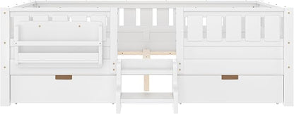 Bellemave Full Size Bed Frame with Storage Drawers & Bookshelf, Low Profile Kids Bed with Staircase & Full Length Guardrails, Solid Wood Full Size Bed Frame Kids with Slats Load 450 LBS, White