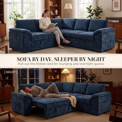 Sectional Sleeper Sofa with Pull Out Bed, Sectional Couch, Blue