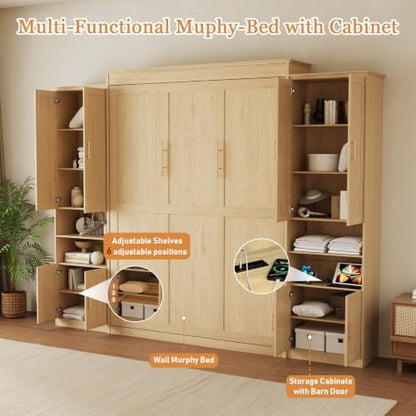 Murphy Bed Queen with 2 Storage Cabinets and USB Port, Natural Wood