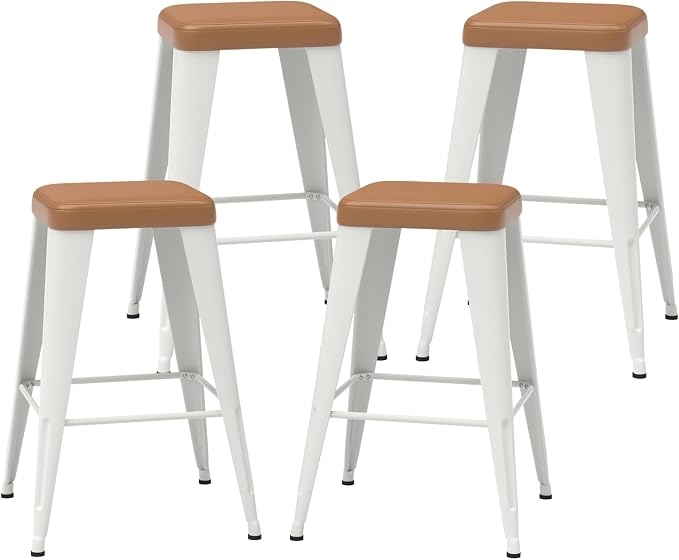 Bar Stools Set of 4, 30" Bar Height Bar Stools Backless, Upholstered Bar Stools with Brown Seat and White Metal Legs for Kitchen Island, Study Room, Cafe