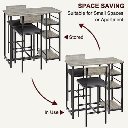 Space-Saving 3-Piece Dining Table Set for 2 – Counter Height Table with Upholstered Chairs and 3 Storage Shelves – Perfect for Small Spaces, Apartments, Breakfast Nook – Rustic Grey, 1+2 Set