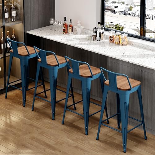 30" Barstools Set of 4 Counter Height Bar Stools Side Chair-Distressed Navy