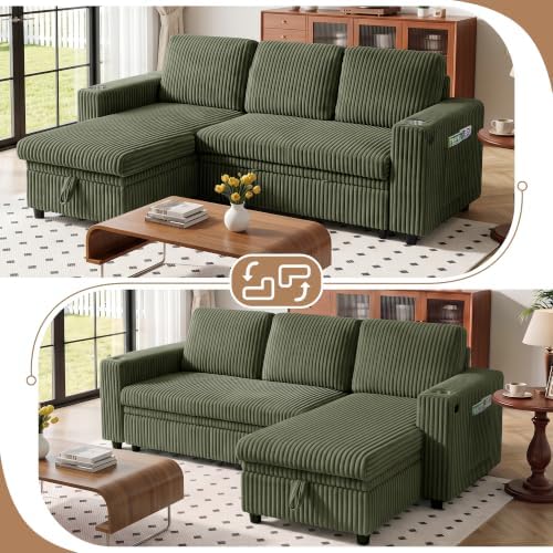 82.5" Pull Out Sleeper Sofa Bed with Storage Chaise, Green