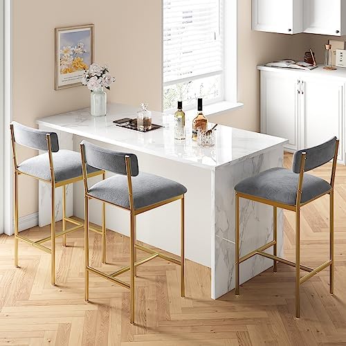 Elegant Bar Stools Set of 2 – Gold & Velvet Gray Upholstered Chairs with Backrest and Footrest – 25.5" Counter Height – Metal Frame – Ideal for Kitchen Island, Dining Room – Two-Pack Bar Chairs