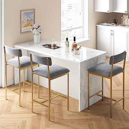 Elegant Bar Stools Set of 2 – Gold & Velvet Gray Upholstered Chairs with Backrest and Footrest – 25.5" Counter Height – Metal Frame – Ideal for Kitchen Island, Dining Room – Two-Pack Bar Chairs