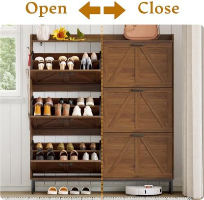 Shoe Cabinet Storage for Entryway, Shoe Storage Cabinet with 6 Flip Drawers, Freestanding Narrow Shoe Rack Organizer with Metal Legs, Adjustable Shelves & Open Storage for Foyer, Hallway, Walnut