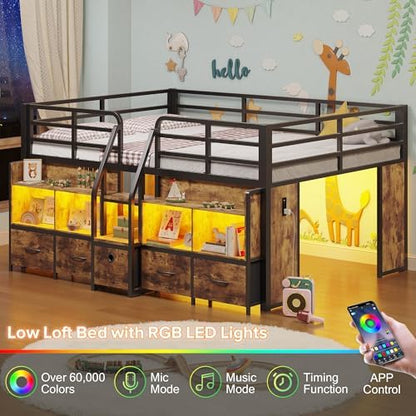 Full Low Loft Bed, 5 Drawers & 6 Bookcases, LED and Charging Station, Brown