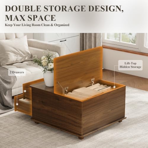 MALOL Storage Coffee Table with 2 Drawers & Flip-Top Lid with Hidden Storage, Modern Fluted Wood Coffee Table, Solid Wood Legs, Square Center Table for Living Room, Walnut