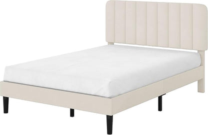VECELO Full Size Bed Frame with Upholstered Headboard, Velvet Platform Bedframe Mattress Foundation, Strong Wood Slat Support, No Box Spring Needed,Bone Beige