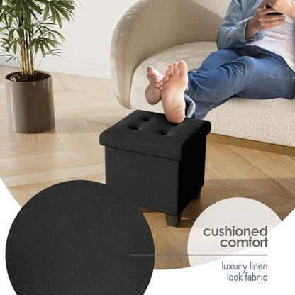 Storage Ottoman Cube with Small Bin, 15-in Square Ottoman with Storage for Living Room and Bedroom, Small Ottomans Foot Rest, Fabric Foot Stools Ottomans Max 330lbs, Black