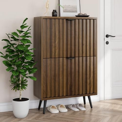Smuxee Shoe Cabinet with 2 Flip Drawers, 23.6" Walnut Hidden Shoe Storage Cabinet with Fluted Design, Freestanding Shoe Organizer Cabinet for Entryway, Hallway, Closet, Living Room