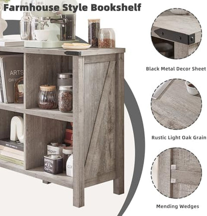 Joaxswe 8 Cube Book Shelf, Farmhouse Wood Long Storage Organizer Bookcase, 62" Horizontal Grey Oak Console Closet Bookshelf, Hallway TV Stand for Entryway, Display Cabinet Book Case for Living Room