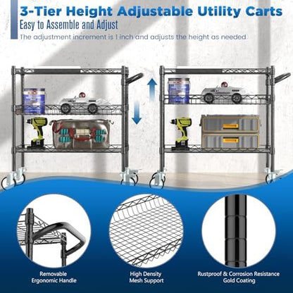 3 Tier Rolling Carts with Wheels, Heavy Duty Rolling Utility Cart