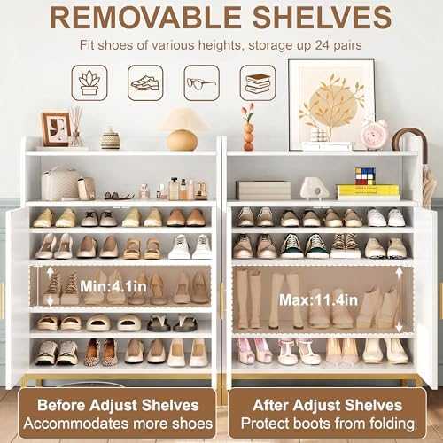 DreamDashio Shoe Cabinet with Adjustable Shelves & Doors, 7-Tier Farmhouse Shoe Storage Cabinet with Golden Metal Legs, 47.2'' Tall Shoes Rack Organizer Cabinet with Open Storage for Entryway, Hallway