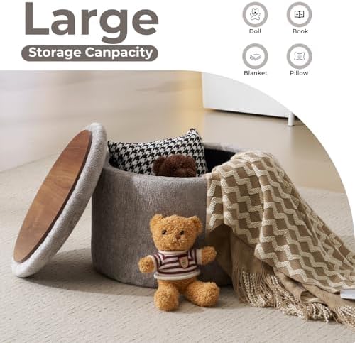 Modern Round Storage Ottoman with Reversible Tray Lid,Chenille Ottoman Foot Stools, Ottoman Footstool with Hidden Storage, Storage Ottoman for Living Room, Multi-Functional Footrest,Light Grey