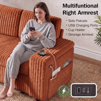 WEUP 111" Modular Sectional Sleeper Sofa with Pull Out Bed, 8 Seat Plush Corduroy U Shaped Couch with USB Ports|Cup Holders|Side Table|Storage Chaise Armrests Tool Free Assembly, Orange