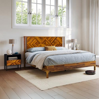 Bme Ethan King Size Bed Frame with Diamond Headboard, Rustic Mid Modern, Solid Acacia Wood, No Box Spring Needed, Slat Support, Rustic Caramel