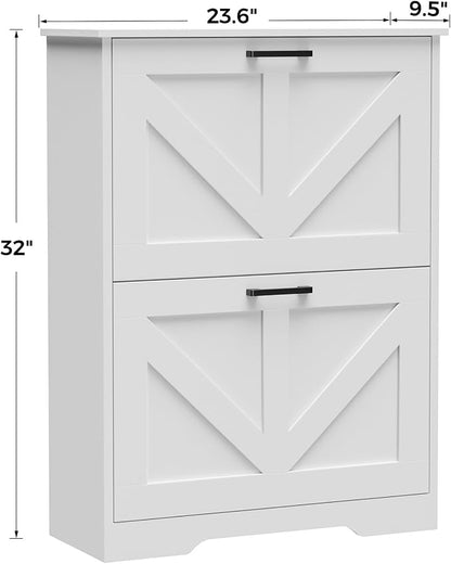Homleke Farmhouse Shoe Cabinet for Entryway with 2 Barn-Style Flip Drawers, Narrow Shoe Storage Organizer with Top Display Shelf, Adjustable Shelves, Shoe Rack for Hallway, Closet- (White, 24" Wide)