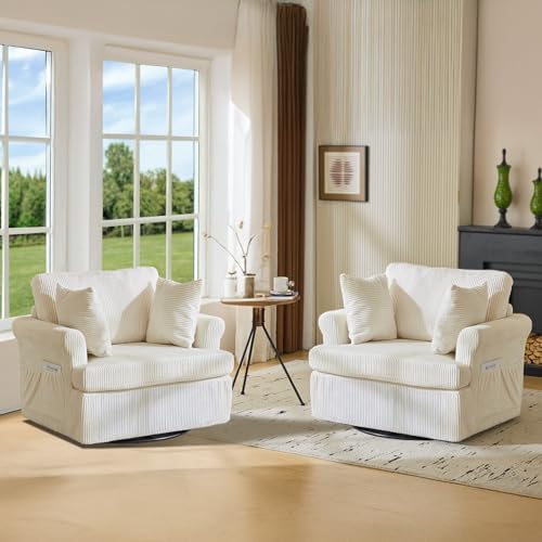 VINGL 39.2" Wide 360° Swivel Accent Armchairs with Pillows Set of 2, Oversized Single Sofas, Chair and a Half with Side Pockets and Wide armrest for Living Room, Bedroom, Reading Room, Corduroy Beige