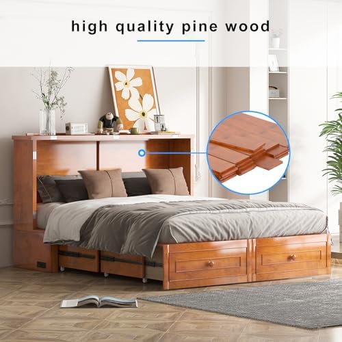 PUREMIND Queen Murphy Bed with Mattress, Hideaway Cabinet Beds with 2 Storage Drawers & Charging Station, Space-Saving Square Shape Murphy Bed Cabinet for Guest Rooms, Cherry