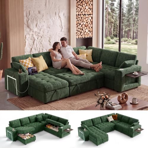 WEUP 111" Modular Sectional Sleeper Sofa with Pull Out Bed, 7 Seat Chenille L Shaped Couch with Storage Chaise|USB Ports|Cup Holders|Side Table|LED Light, Tool Free Assembly, Green