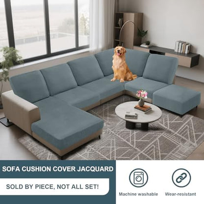 UNBBRRL Seat Cushion Cover and Back Covers for Corner Sofa Stretch Jacquard, Non Slip L Shaped Sofa Slipcover with Storage Ottoman, Sectional Couch Cover for Chaise Lounge (Dusty Blue,47 x 61 x 6”)