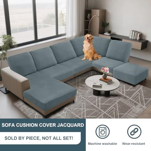 Seat Cushion Cover and Back Covers for Corner Sofa Stretch Jacquard, Non Slip L Shaped Sofa Slipcover with Storage Ottoman, Sectional Couch Cover for Chaise Lounge (Dusty blue,Corner back cover)