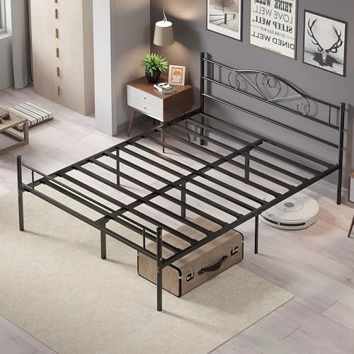 VECELO Queen Size Metal Platform Bed Frame with Headboard and Footboard, Heavy Duty Mattress Foundation with Steel Slats Support, No Box Spring Needed, Black