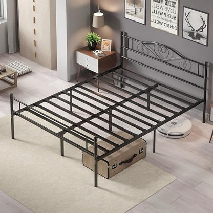 VECELO Queen Size Metal Platform Bed Frame with Headboard and Footboard, Heavy Duty Mattress Foundation with Steel Slats Support, No Box Spring Needed, Black