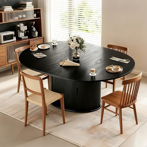 Extendable Round/Oval Dining Table Seats 2-4-6, 63" Modern Farmhouse Design with 2-Tier Storage & Fluted Slide Door, Dining Room Kitchen Furniture (Black, 63 inches)