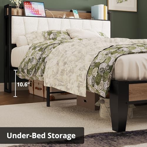 LIKIMIO Full Size Bed Frame with Storage Headboard and Charging Station
