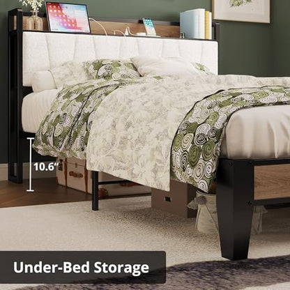 LIKIMIO Full Size Bed Frame with Storage Headboard and Charging Station