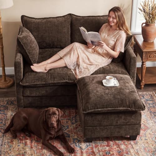 50" Love Seat with Ottoman, Small L Shape Cloud Sofa Couch, 2-Layer Cushion & 27" Deep Seat, 2 Pillows for Small Spaces, Bedroom, Apartment, Office, Living Room, Brown