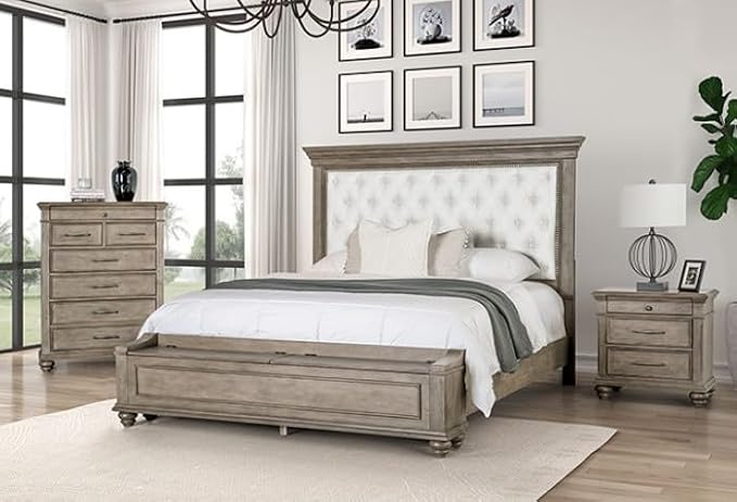 First of a Kind Philomath 5 Piece Queen Size Bedroom Furniture Set in Aged Oak - Transitional Upholstered Fabric Bed with Dual Nightstand Bedroom Ensemble