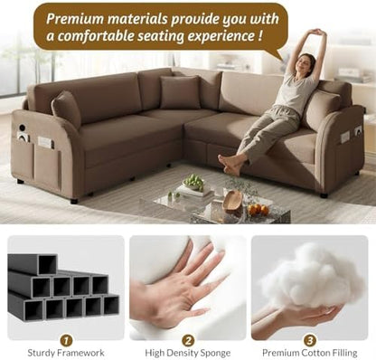 HANXIN 85.1" L-Shaped Sofa Couch with Pull Out Bed, Oversize Convertible Sectional Sleeper Sofa with Side Pocket & USB Port, 5 Seat Sherpa Fleece Upholstered Couches for Living Room(Brown)