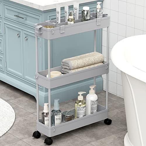 Slim Storage Cart 3 Tier,Bathroom Organizer Rolling Utility,Mobile Shelving Unit Slide Out for Office, Kitchen, Laundry Room & Narrow Places,Gray
