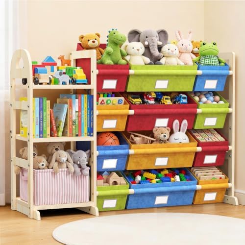 Storage Organizer with 12 Bins and Bookshelf, 47.4-Inch Wide Bookcase for Bedroom, Living Room, or Family Room