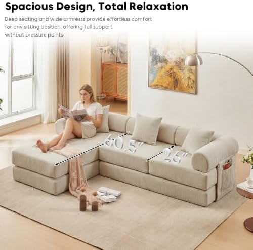107" Modular Sectional Sofa Bed, L-Shape Corduroy Boneless Couch, Beige