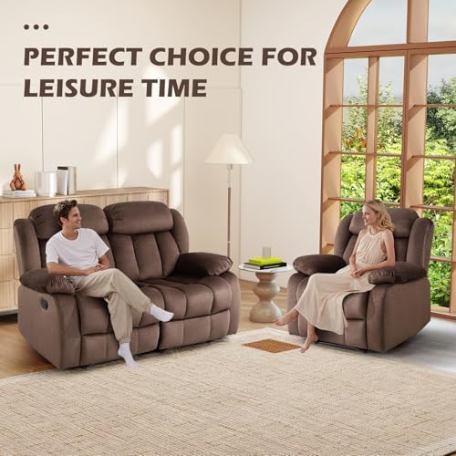 INZOY Manual Reclining Sofa Set, Included Manual Single Recliner Chair and Wall-Hugger 2 Seat Recliner Loveseat, Modern Double Reclining Sofa Couch for Living Room Furniture, Brown, 1+2