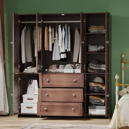 VOWNER 71" Armoire Wardrobe Closet with Drawers and Mirror, 6 Doors
