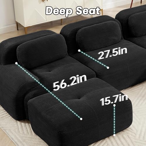117" Corduroy Modern Sectional Couch, Boneless Couch, Compact sofa, Black