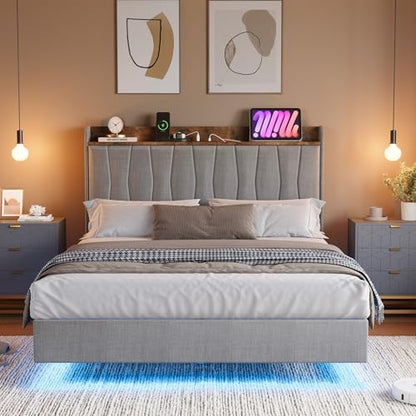 Floating Bed Frame Queen with LED, Upholstered Platform Bed with Headboard